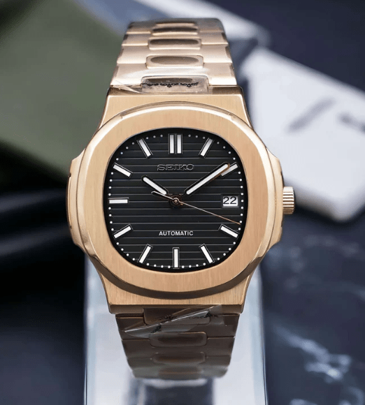 Nautilus Mod – NH35 Seiko Automatic (Rose Gold Black Dial) - WATCHBRICK