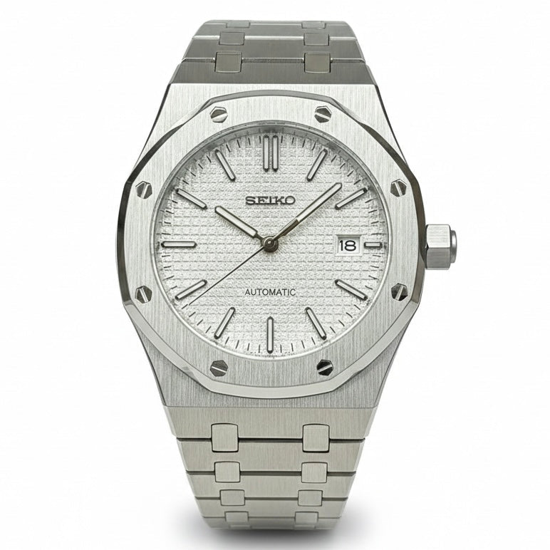 OCTOMOD | White Grid – Integrated Steel NH35 - WATCHBRICK MOD