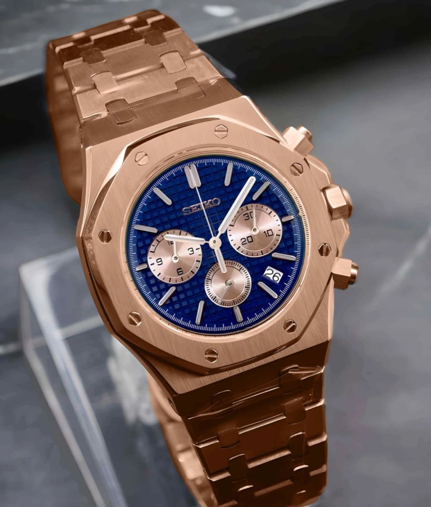Royal Blue Chronograph – Rose Gold VK63 Mod - WATCHBRICK