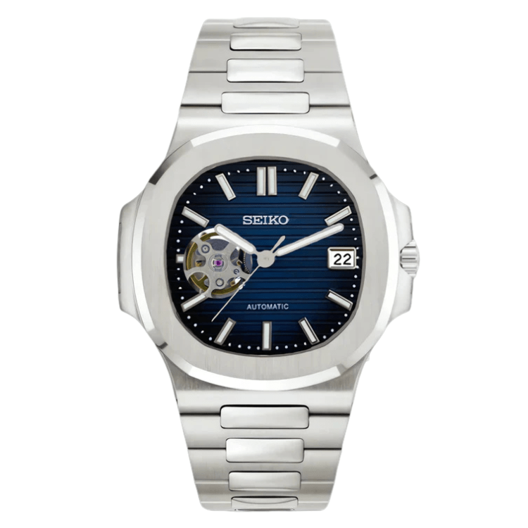 Sapphire Blue Open - Heart – Nautilus Mod with Date - WATCHBRICK
