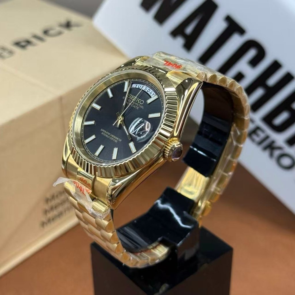 Seiko DayDate Mod | Yellow Gold Case Black Dial Miyota 8285 - WATCHBRICK