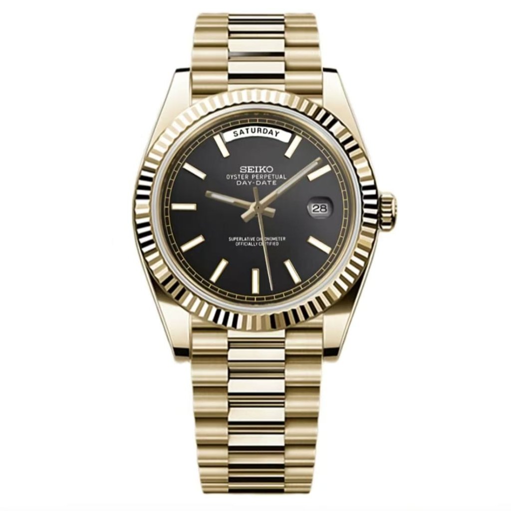 Seiko DayDate Mod | Yellow Gold Case Black Dial Miyota 8285 - WATCHBRICK