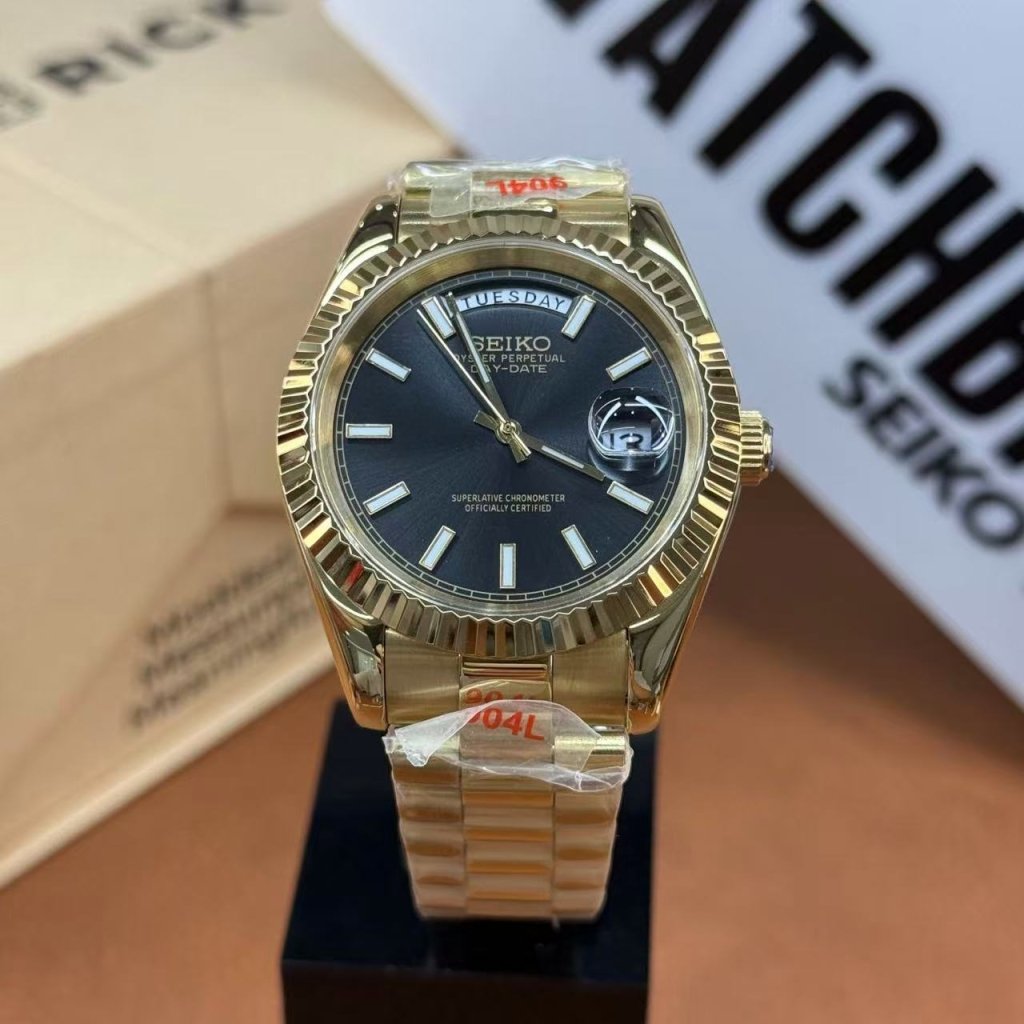 Seiko DayDate Mod | Yellow Gold Case Black Dial Miyota 8285 - WATCHBRICK