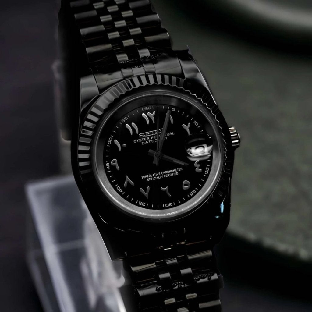 Datejust Mod – NH35 Stealth Edition (Full Black Arabic Dial) - WATCHBRICK