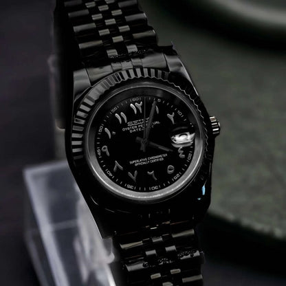Datejust Mod – NH35 Stealth Edition (Full Black Arabic Dial) - WATCHBRICK
