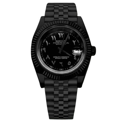 Datejust Mod – NH35 Stealth Edition (Full Black Arabic Dial) - WATCHBRICK