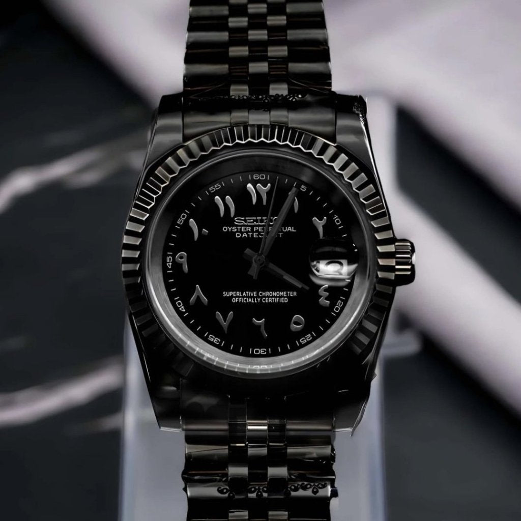 Datejust Mod – NH35 Stealth Edition (Full Black Arabic Dial) - WATCHBRICK