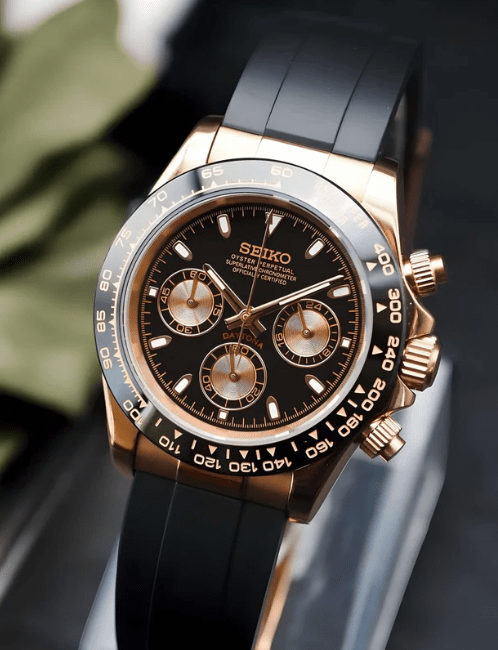 Daytona Mod – VK63 Seiko Chronograph (Rose Gold Black Rubber) - WATCHBRICK