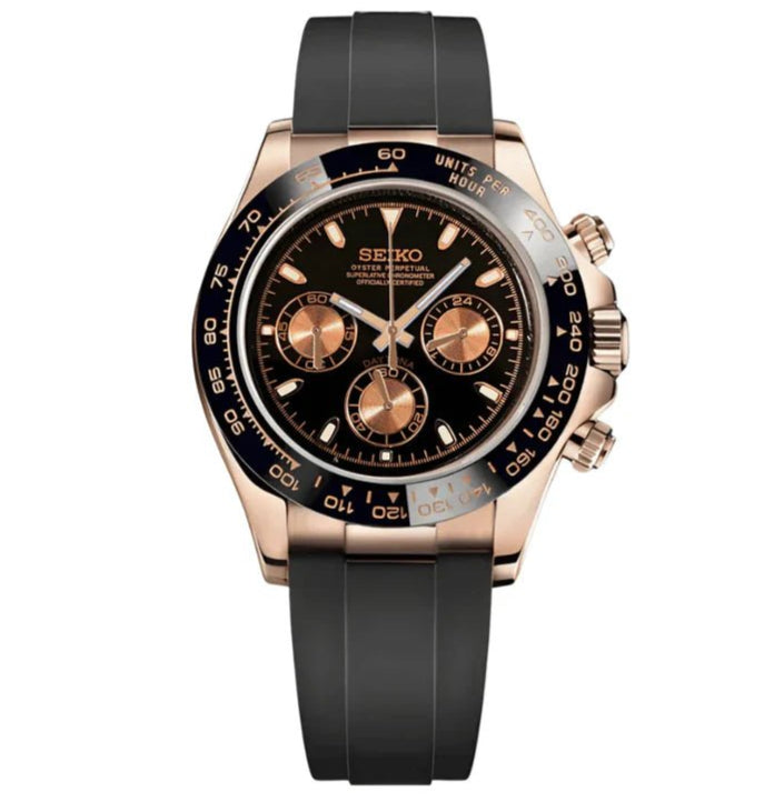 Daytona Mod – VK63 Seiko Chronograph (Rose Gold Black Rubber) - WATCHBRICK