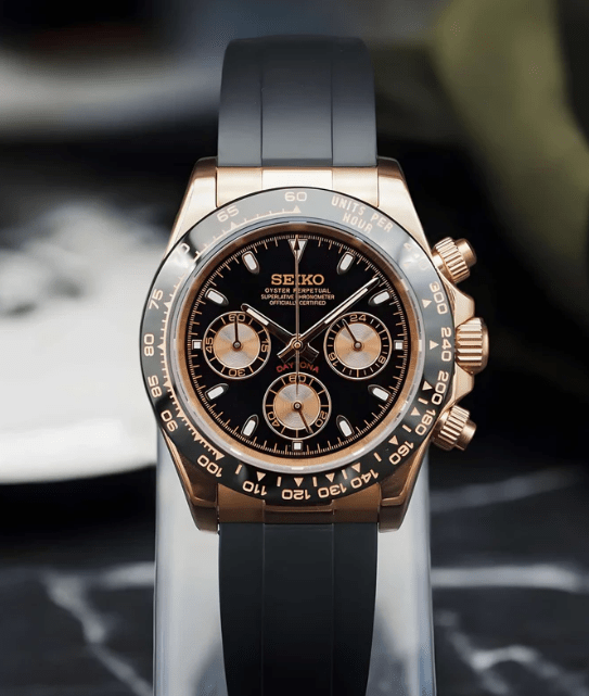 Daytona Mod – VK63 Seiko Chronograph (Rose Gold Black Rubber) - WATCHBRICK