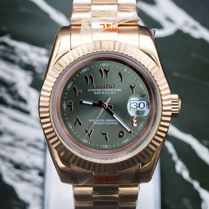 Olive Arabic Datejust – Seiko Mod with Rose Gold Case - WATCHBRICK