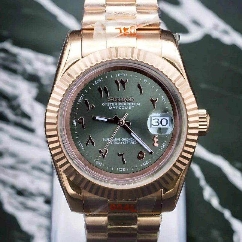 Olive Arabic Datejust – Seiko Mod with Rose Gold Case - WATCHBRICK