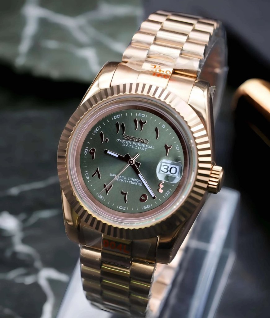 Olive Arabic Datejust – Seiko Mod with Rose Gold Case - WATCHBRICK