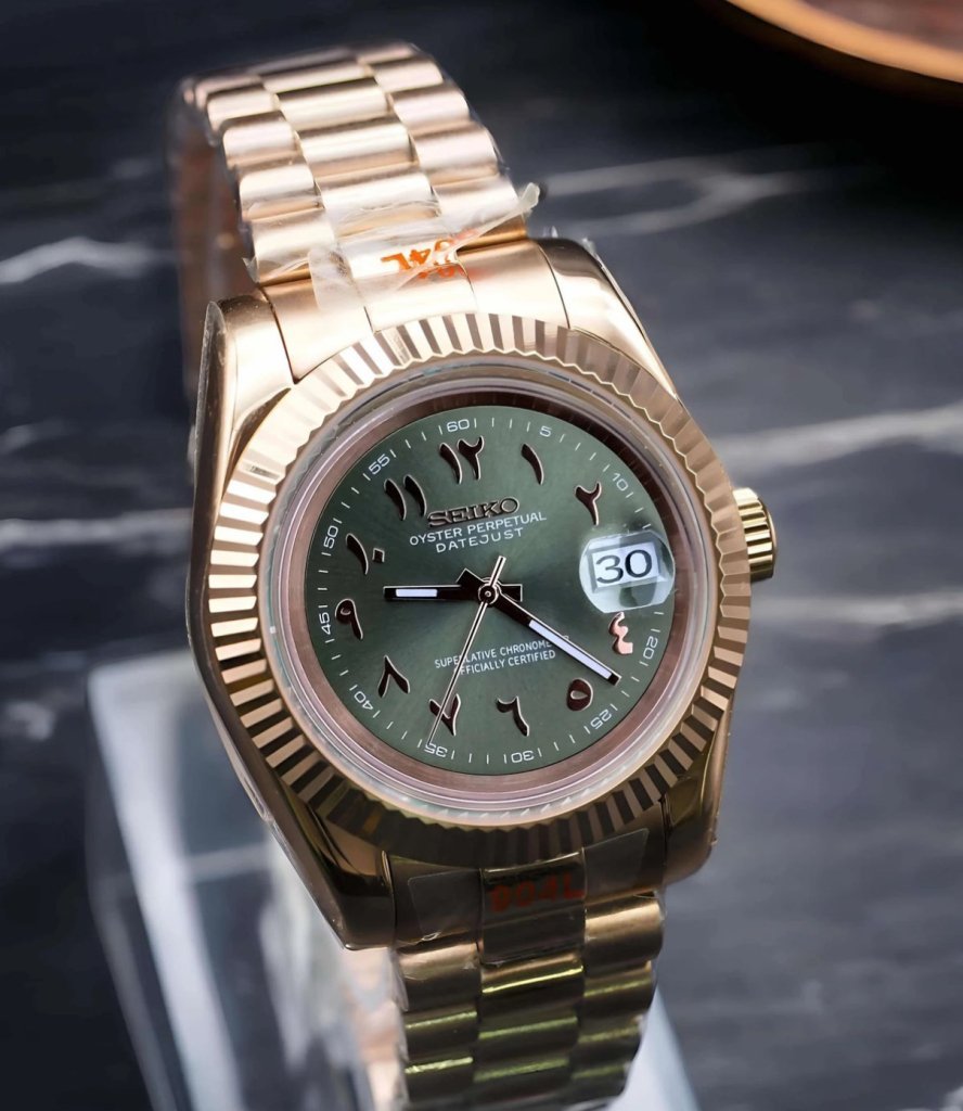 Olive Arabic Datejust – Seiko Mod with Rose Gold Case - WATCHBRICK