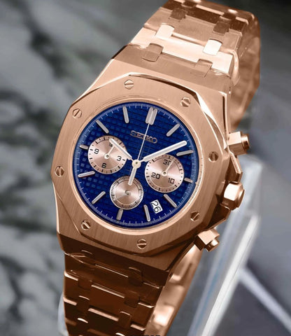 Royal Blue Chronograph – Rose Gold VK63 Mod - WATCHBRICK