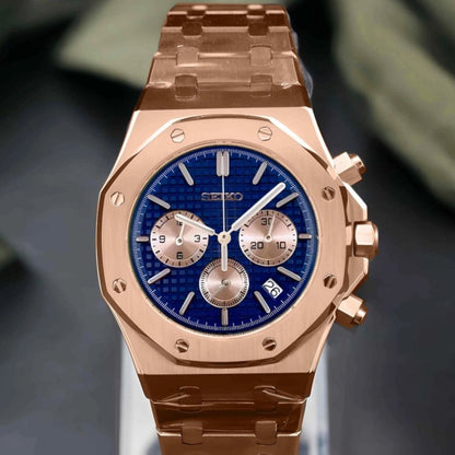 Royal Blue Chronograph – Rose Gold VK63 Mod - WATCHBRICK