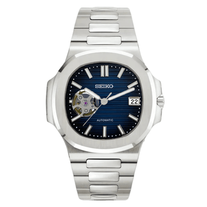 Sapphire Blue Open - Heart – Nautilus Mod with Date - WATCHBRICK