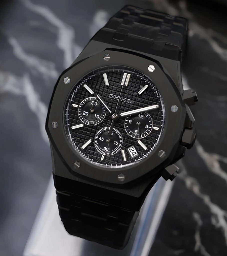 Stealth Oak Chronograph – VK63 All - Black Seiko Mod - WATCHBRICK