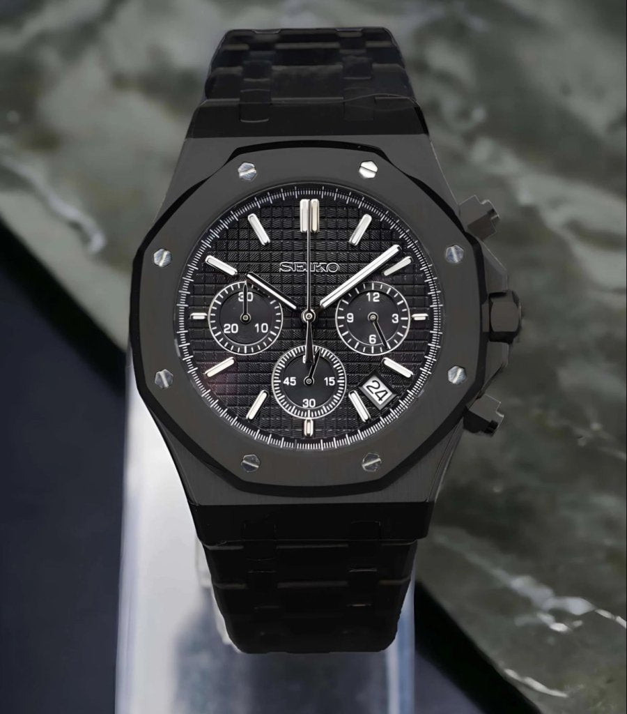 Stealth Oak Chronograph – VK63 All - Black Seiko Mod - WATCHBRICK