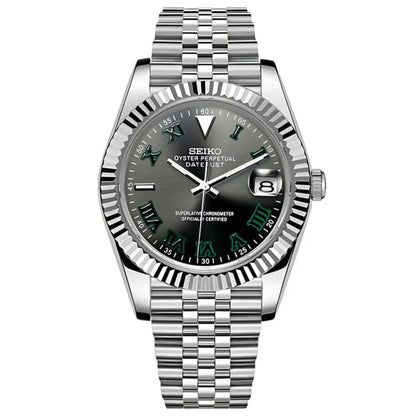 Wimbledon Silver – NH35 Seiko Mod with Green Roman Dial - WATCHBRICK