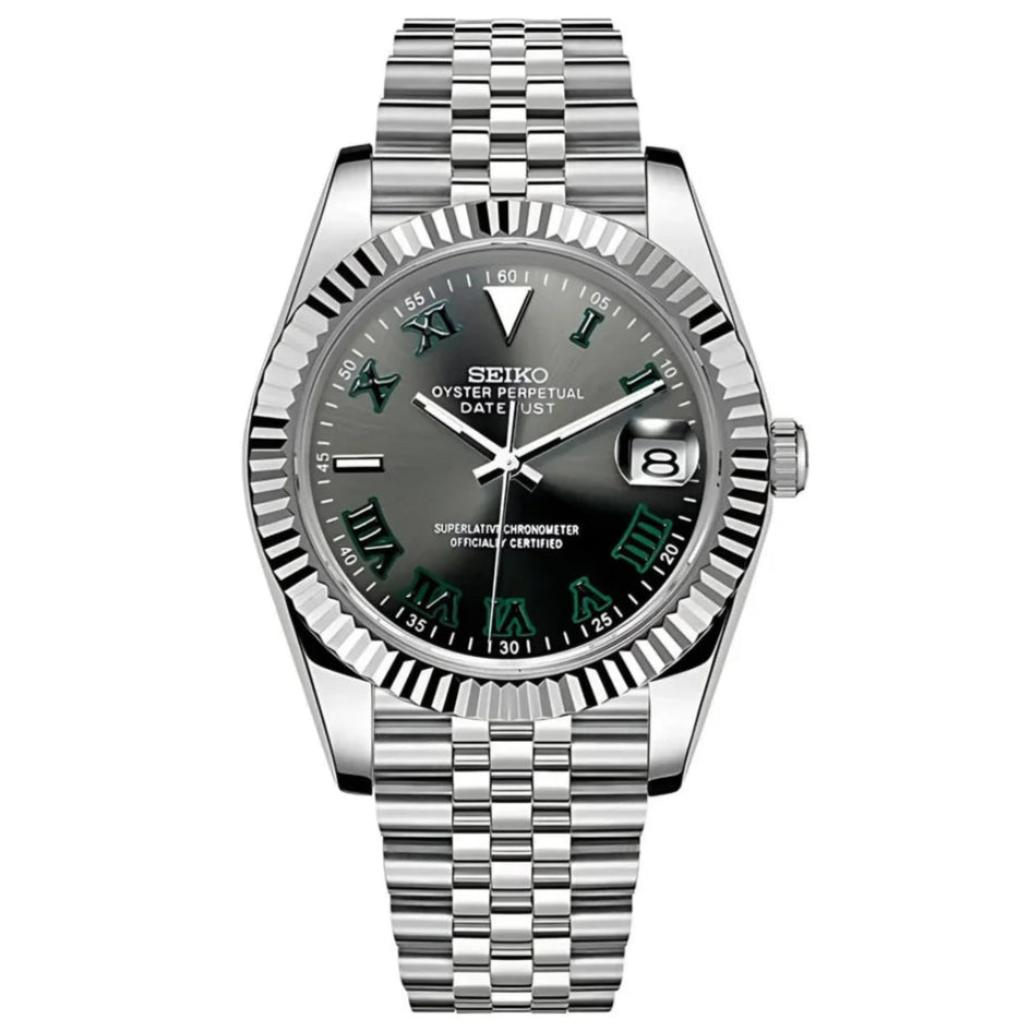 Wimbledon Silver – NH35 Seiko Mod with Green Roman Dial - WATCHBRICK