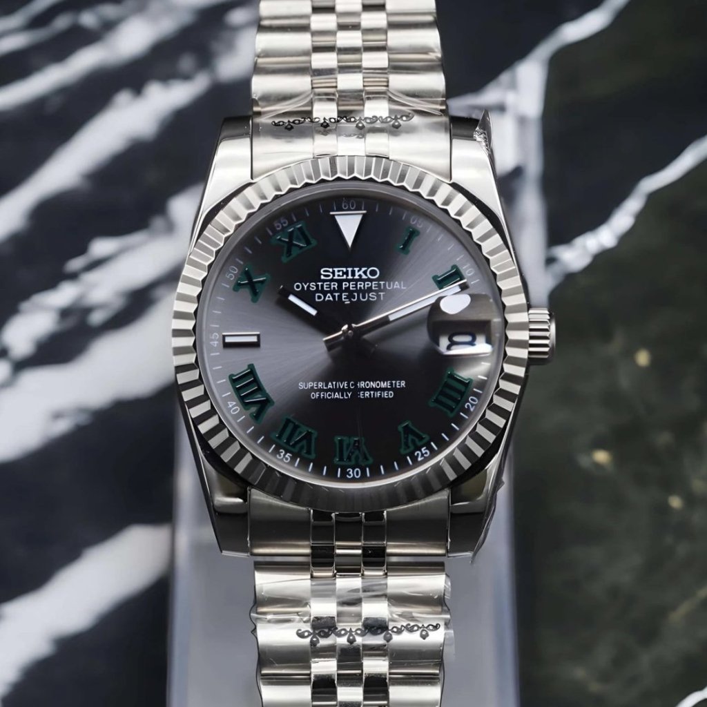 Wimbledon Silver – NH35 Seiko Mod with Green Roman Dial - WATCHBRICK