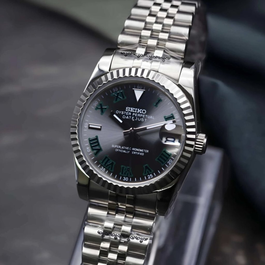 Wimbledon Silver – NH35 Seiko Mod with Green Roman Dial - WATCHBRICK